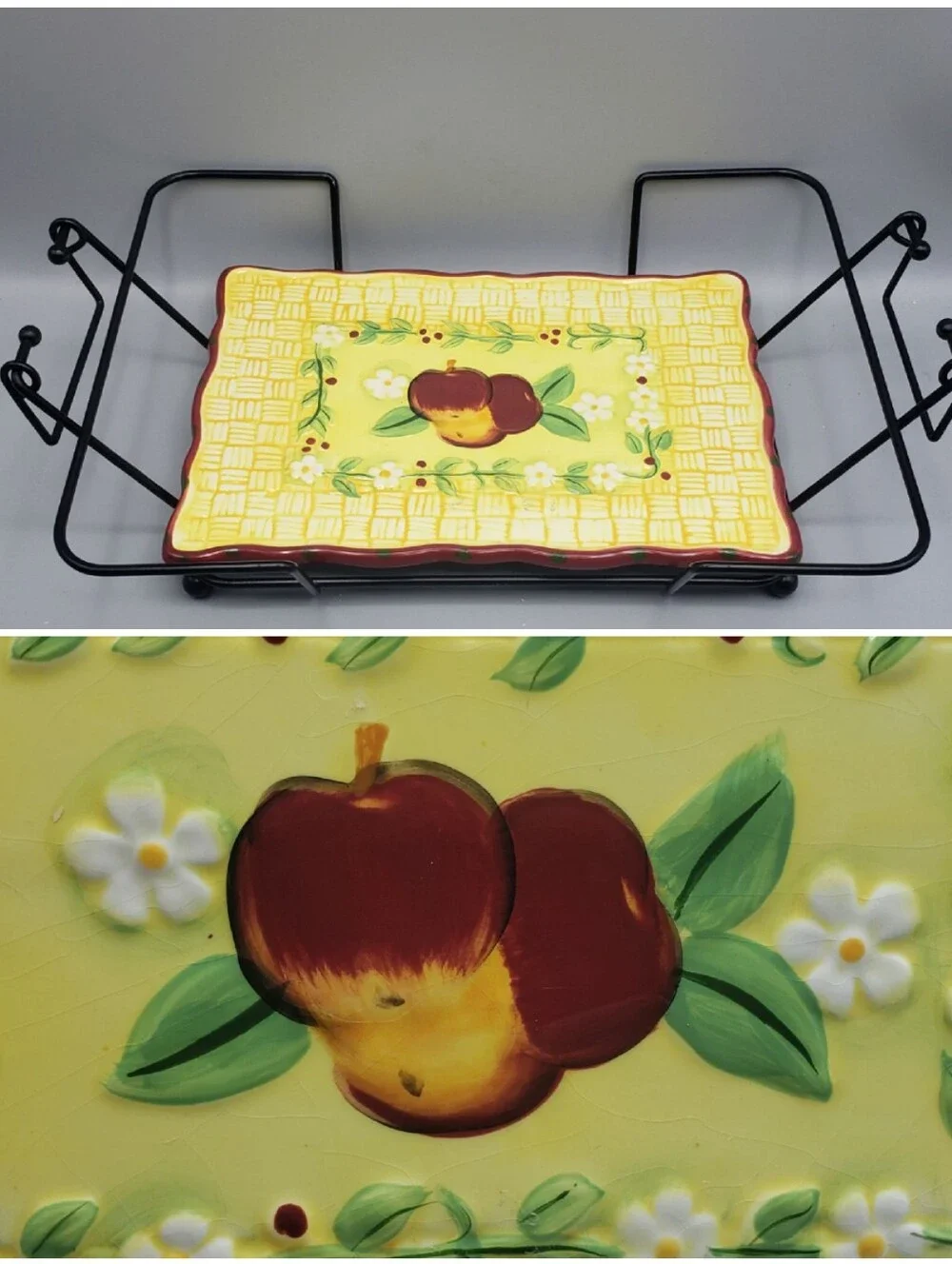 Temptations Serving Trivet w/ Cradle - Fresh Crop Apples Motif Cottagecore